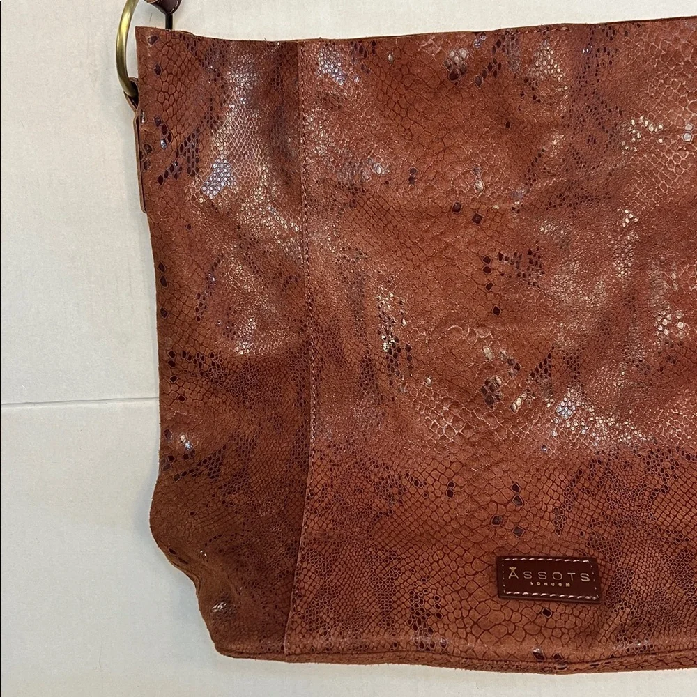 ASSOTS LONDON BROWN SNAKE FOIL PATTERN LEATHER HOBO TOTE BAG NEW